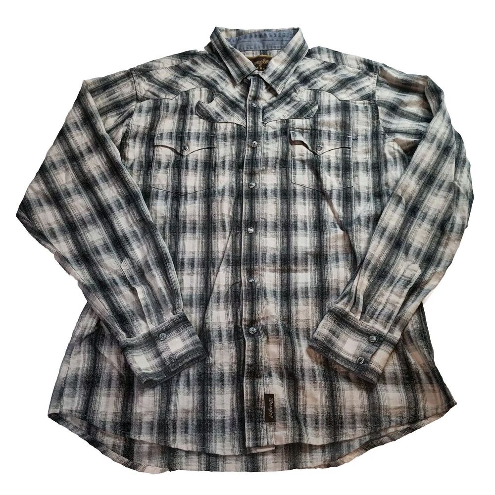 Wrangler Retro Button Up Shirt Men's XL XLarge Gray Plaid Western Pearl Snap